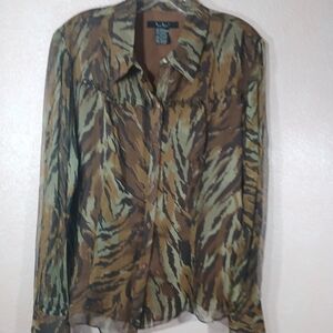 ECI New York Elegent Silk Camo Fall Chiffon Blouse Size Large